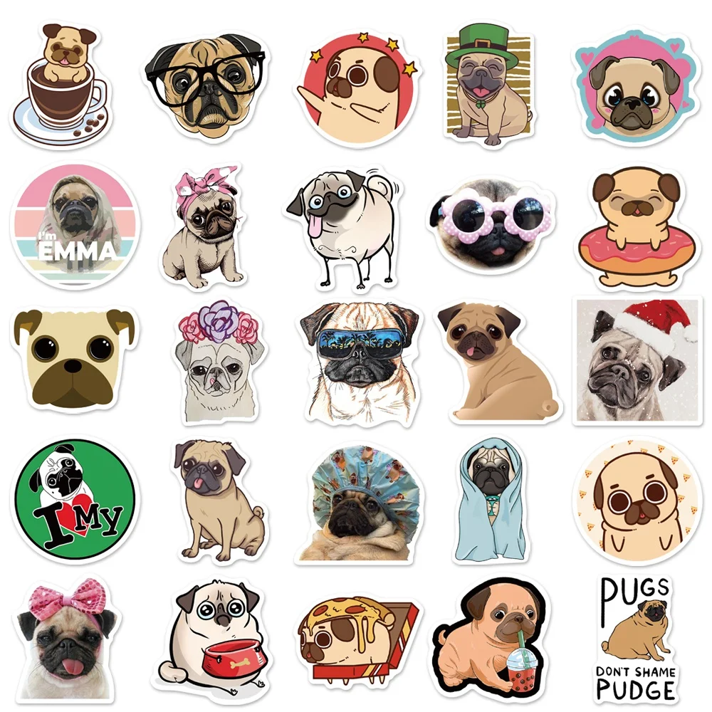 Pegatinas de dibujos animados de perros para niños, 50/100 piezas, divertidas pegatinas de Pug para ordenador portátil y teléfono, suministros para mascotas, regalos para fiestas