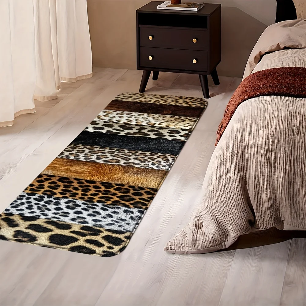 Vintage Mixed Leopard Striped Faux Fur Texture Long Runner Rug, Non-Slip Rug for Kitchen, Entryway, Bathroom & Living Room