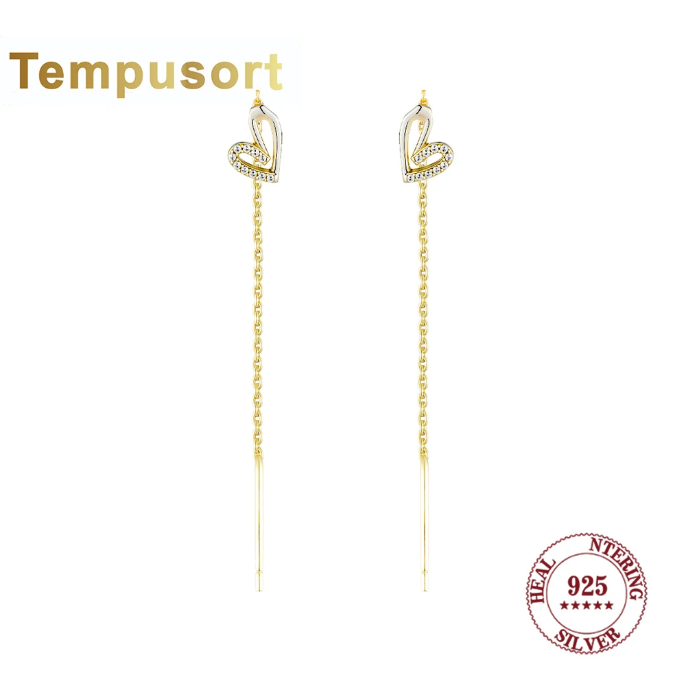 

Tempusort 925 Sterling Silver Heart Threader Earrings with Cubic Zirconia Dainty Chain Drop Earrings for Women Party Jewelry
