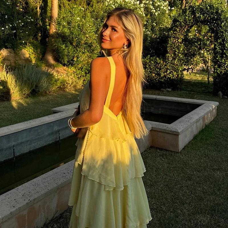 3d flor babados em camadas vestidos femininos elegante chiffon sem costas sem mangas fofo vestido longo 2025 verão nova senhora praia robes