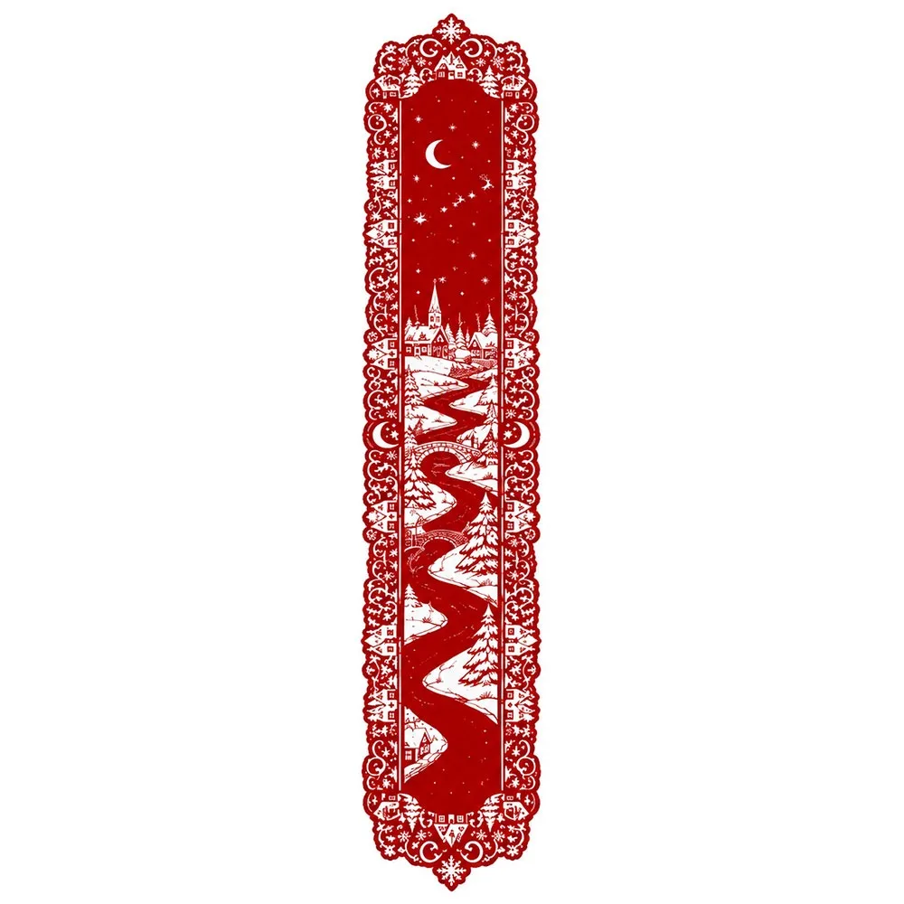 Lace Edge Christmas Table Runner Christmas Print Classic Hollow Holiday Table Runner Table Cloth Flag Festive Table Decor
