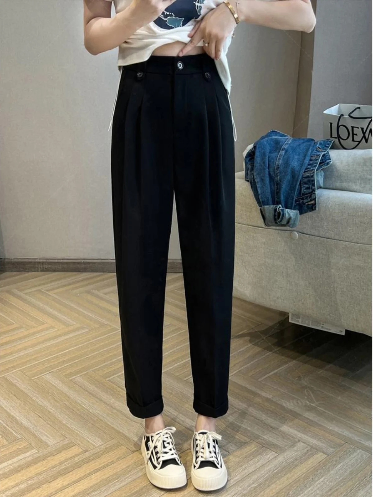 Women's High Waist Straight Leg Suit Pants Spring 2023 Korean Style Trousers with Cuffed Hem for Pear Shaped Body Slimming