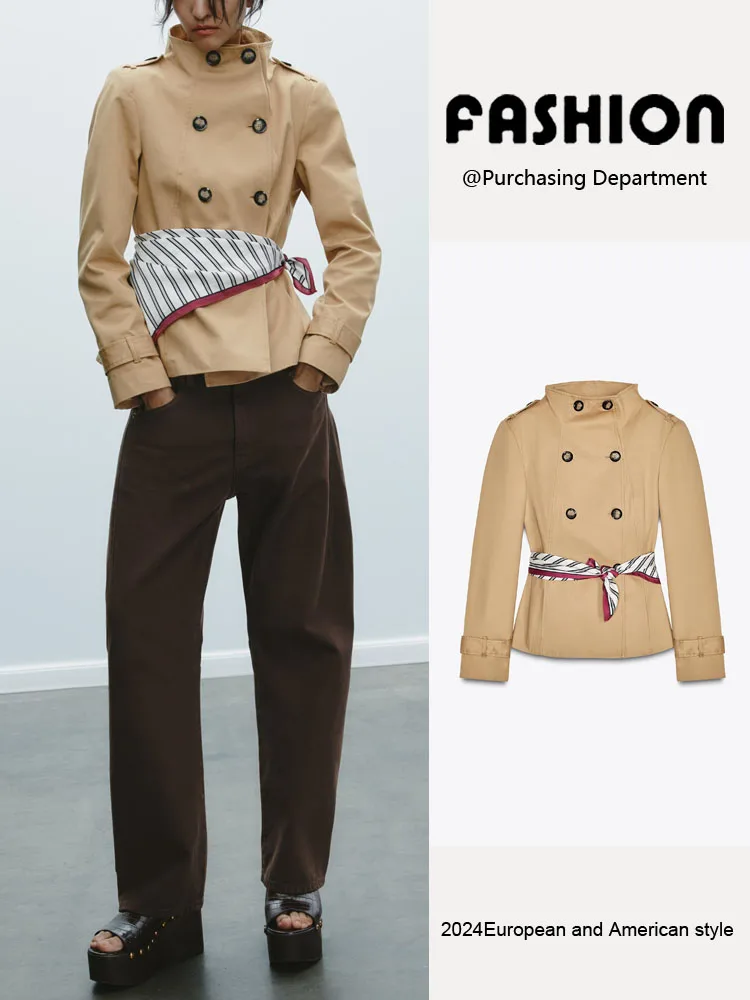

Spring New Arrival Women's ort Coat ZA2025 Long Sve Print Floral Stand Collar Double Button Thin Scarf Decorated
