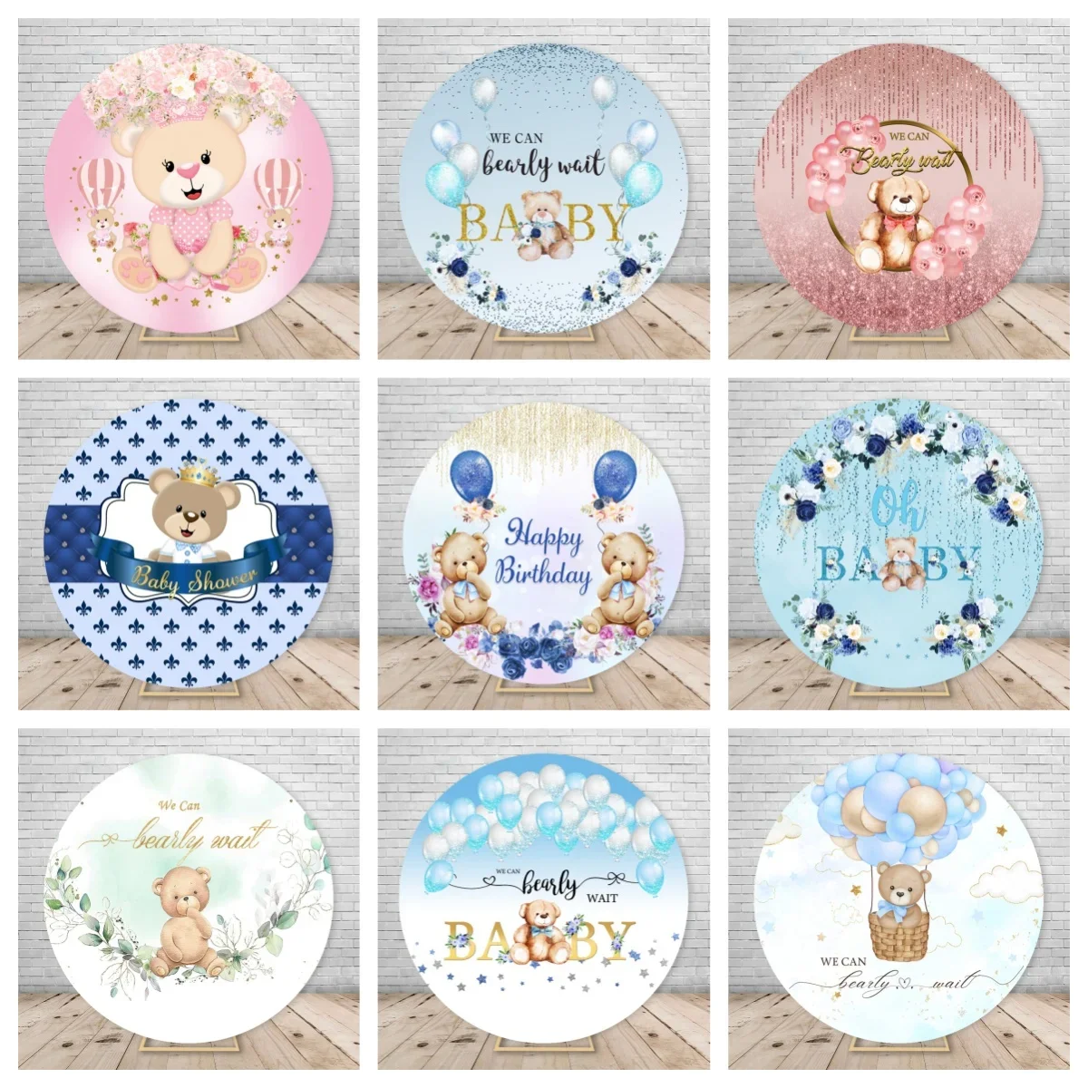 Baby Shower Bear Round Backdrop Cover Hot Air Balloon We Can