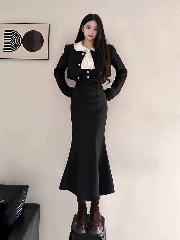 Odzież wiosenna plus size Ele Fi Tail Dr Set dla kobiet, zakrywająca brzuch, tuszująca niedoskonałości, z wysokim stanem, długi rękaw.