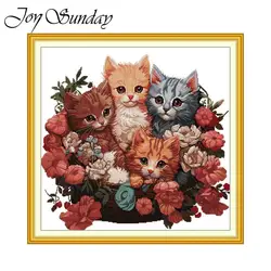 Joy Sunday Cluster of kittens Pattern Printed Cross Stitch Kits Needle Embroidery Sets DMC Thread Aida 16/14CT DIY Home Decor