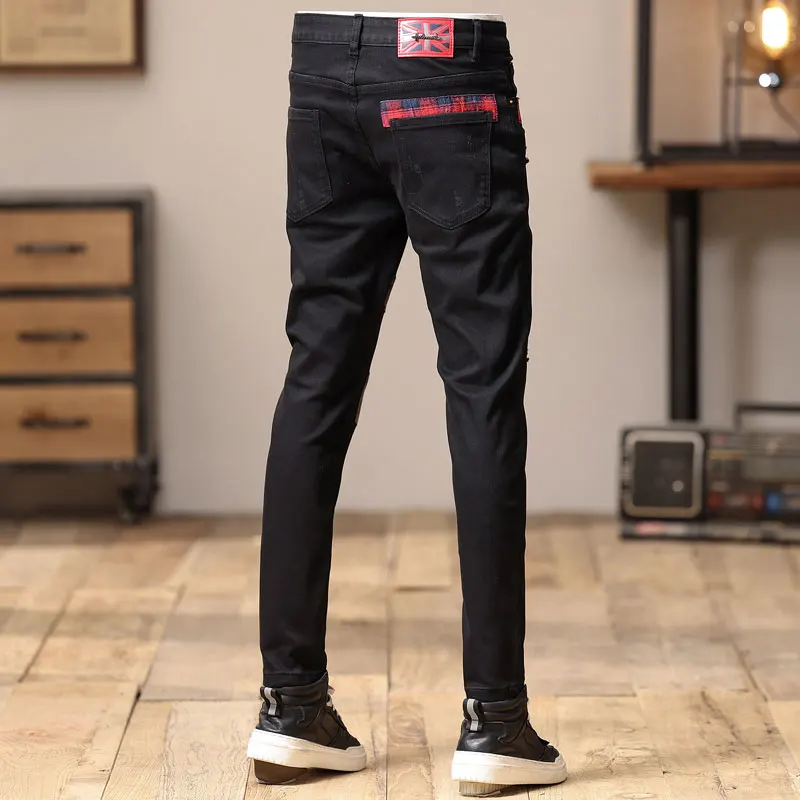 High Street Fashion Men Jeans Black Stretch Slim Fit Ripped Jeans Men Vintage Trousers Patch Designer Hip Hop Denim Pants Hombre