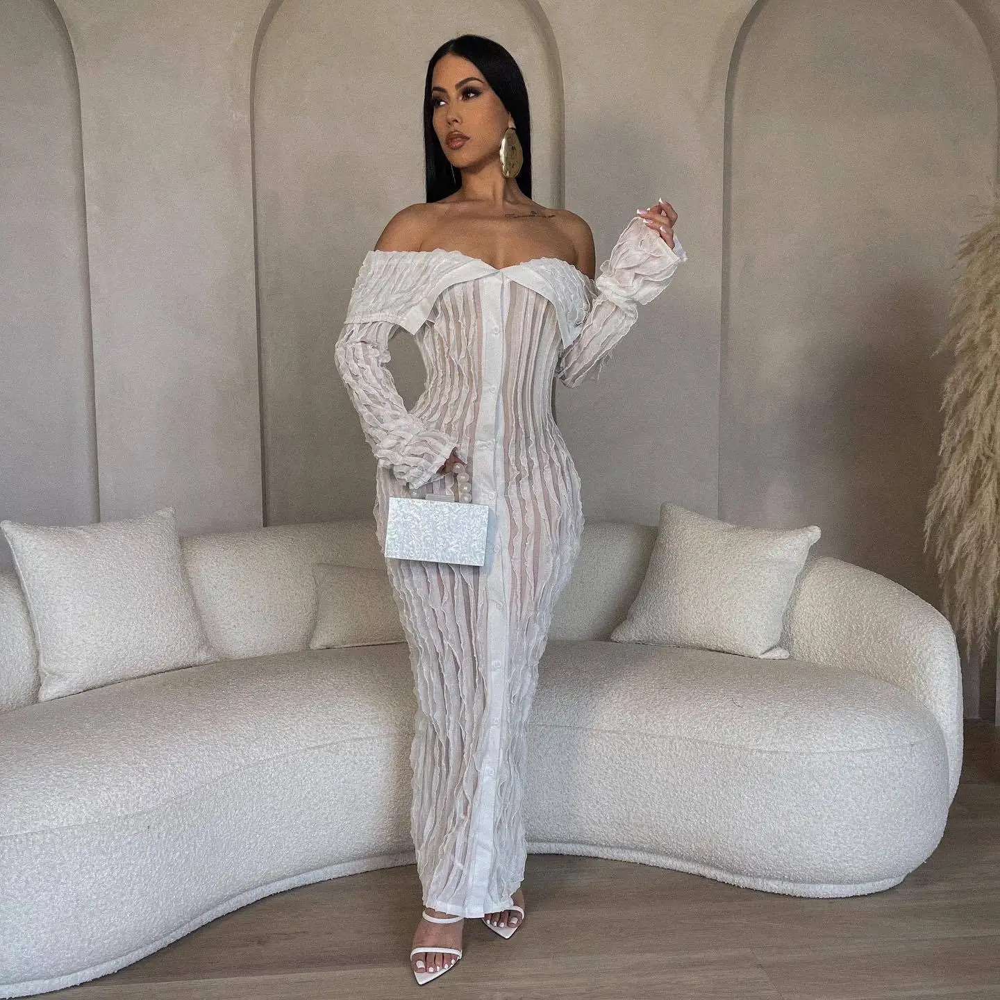 

Bodycon Maxi Dress Women Sexy Off The Shoulder Mesh Sheer Single-breasted Wave Striped Night Club Party Long Dresses Birthday