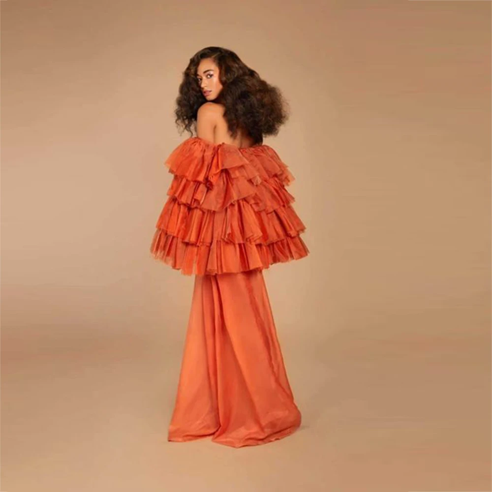 Orange Off The Shoulder Prom Dresses Ruffles Tiered Girls Formal Party Dress Long Evening Gowns Maternity Photoshoot Dress