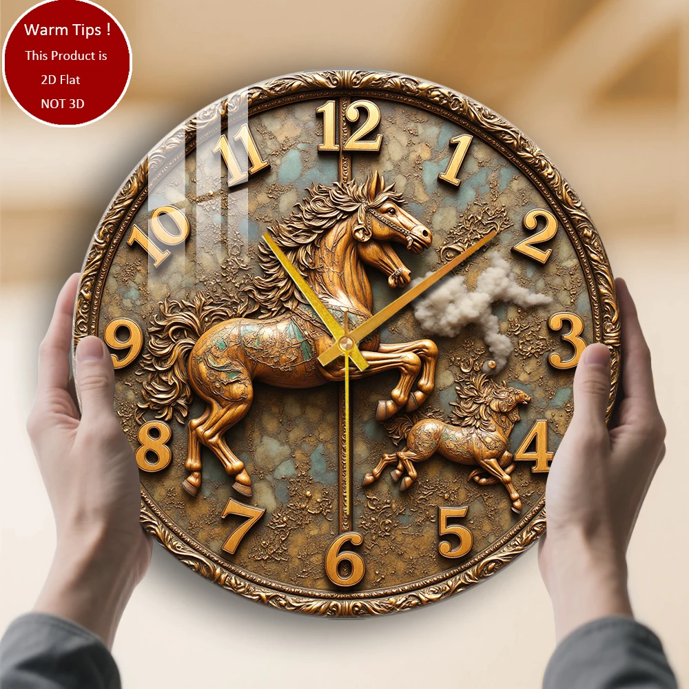 

Настенные часы из закаленного стекла, часы с двумя лучами и лошадьми, подходящие для настенного декора или настольного дисплея в любом месте