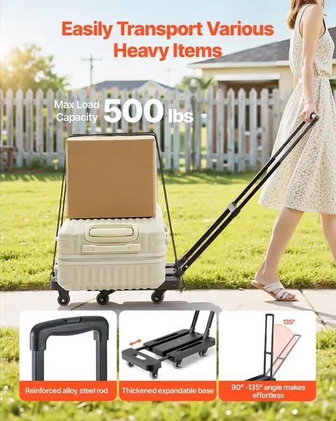 شاحنة يدوية قابلة للطي، سعة 500 رطل، عربة أمتعة قابلة للطي بـ 6 عجلات مع حبال مرنة وقاعدة قابلة للتوسيع، باللون الأسود