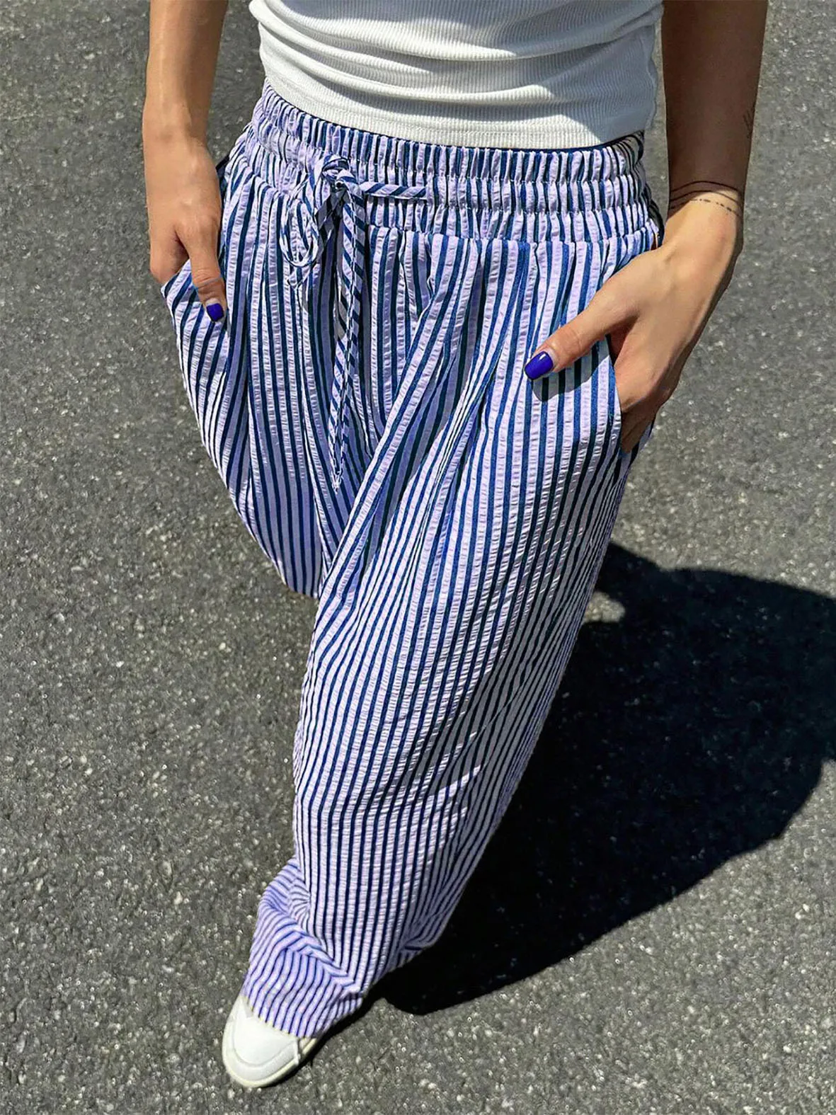 2024 Women's Striped Straight Leg Pants Relaxed Fit Casual Lounge Trousers Versatile All Season Elastic Waist Comfort