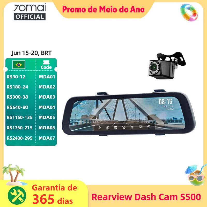 9.35 Polegada tela cheia 70mai retrovisor traço cam s500 1944p auto cam 138fov 70mai s500 espelho gravador de carro fluxo mídia carro dvr