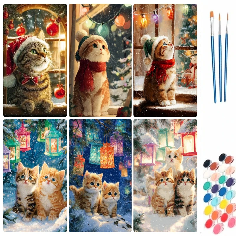 Peinture par numéros, tableau mural de Noël peint à la main, chat, images par numéros, décoration animale pour la maison