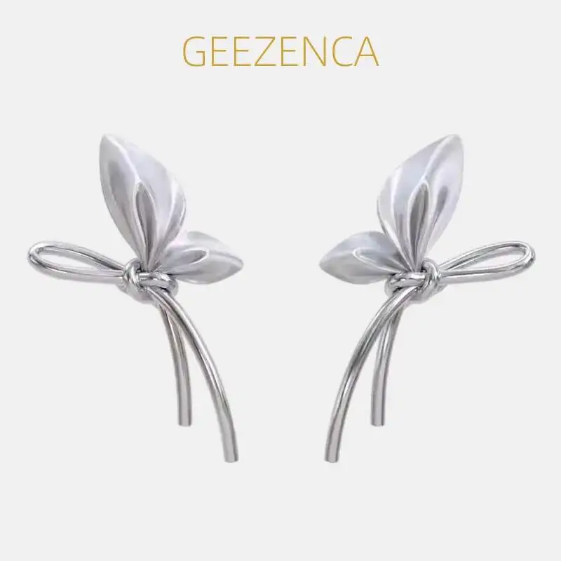 

GEEZENCA стерлингового серебра 925 пробы серьги-гвоздики с бантом для женщин, дизайнерские модные массивные серьги с лентой и бантом, роскошные ювелирные изделия, подарок