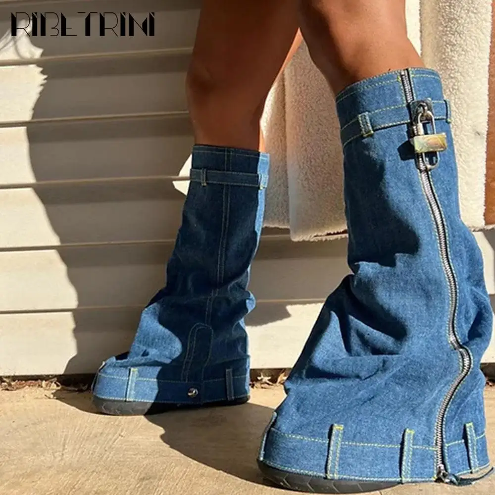 Padlock Fold Over Platform Women Knee High Boots Metal Zipper Denim Fashion 2023 Brand New High Heel Designer Street Cool Shoes