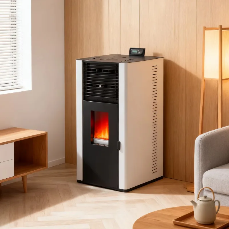 PD-80 Freestanding Indoor Fireplace Pellet Heater Easy-to-Use Automatic Feeding Remote Control Modern Steel Design Living Room