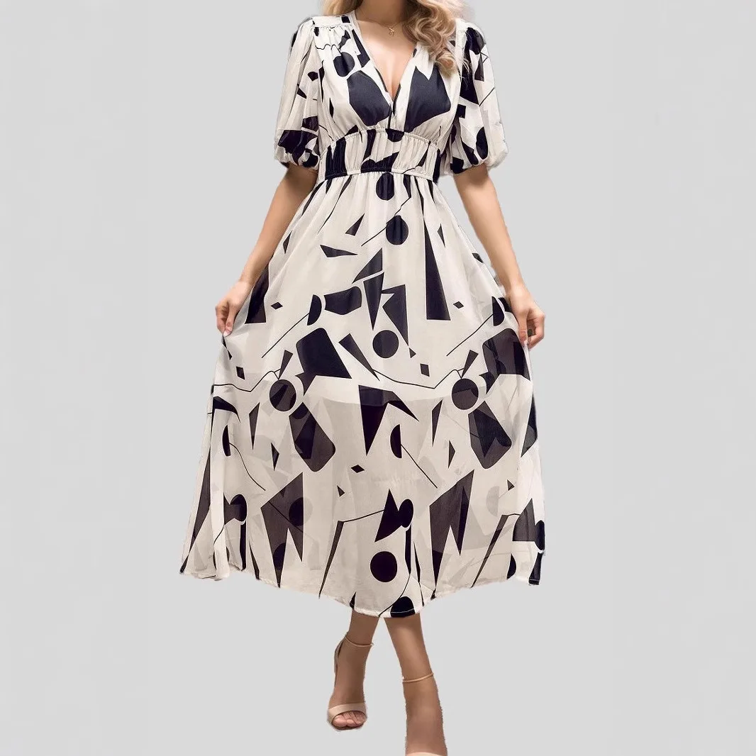 Robe mi-longue à col en v pour femmes, taille haute, manches princesse, imprimé floral, mode vacances, Date, fête douce, été 2025