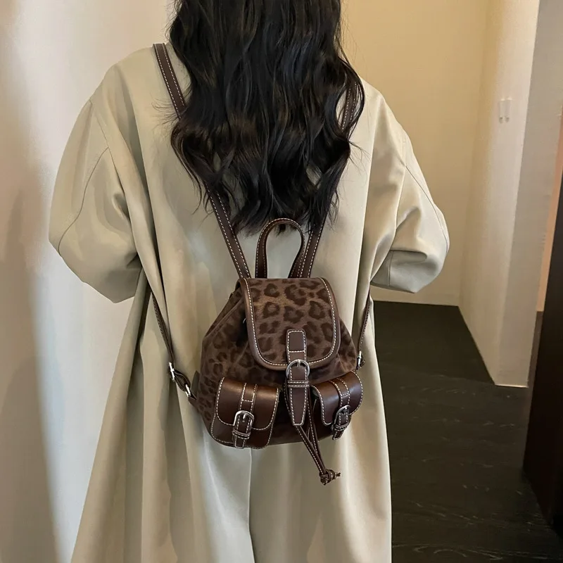 High Quality Soft PU Women Backpack Large Capacity Multi Pocket Leopard Shoulder Bag Korean Retro Daily Commuting Small Backpack