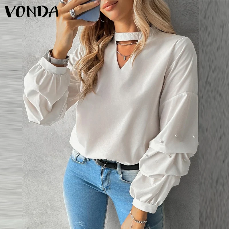 

VONDA Elegant Long Sleeve Tops 2026 Women Female Ruffled Blouses Casual Solid Color Blusas Stand Collar Shirts Oversized Tunics