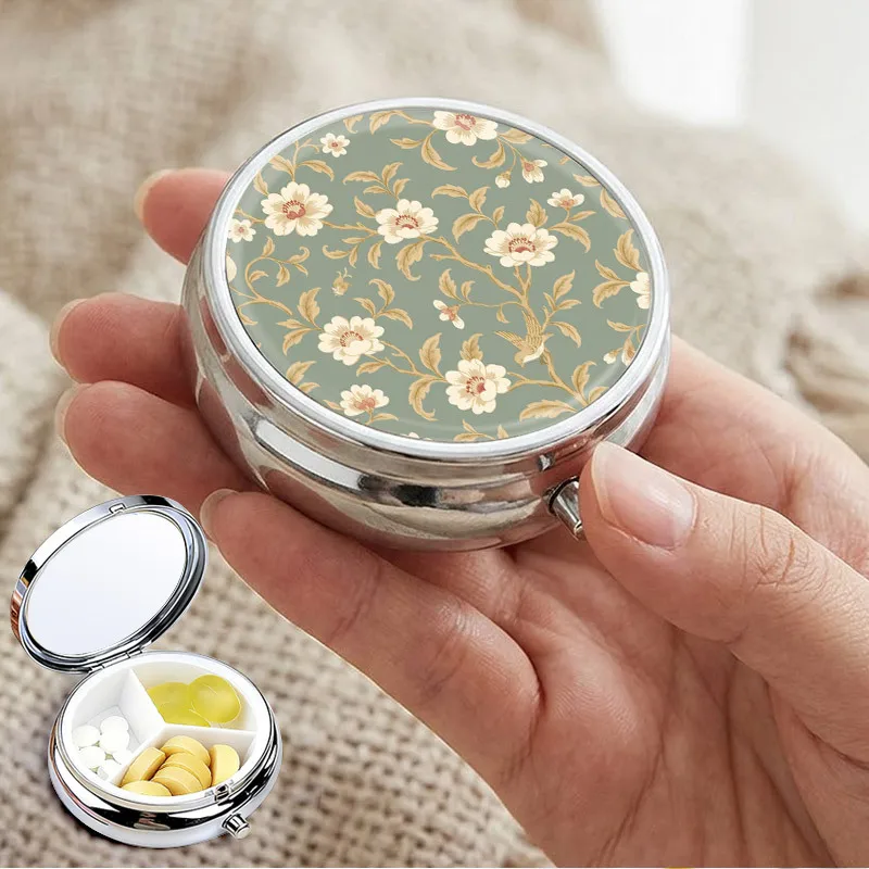 Vintage Metal Pill Box Three-Compartment Portable Travel Pill Box Sage Green Floral Bird Pattern Small Pill Storage Box Vitamin Storage Container Decorative Pill Box Unique Fashion Gift Daily Supplement Dispenser