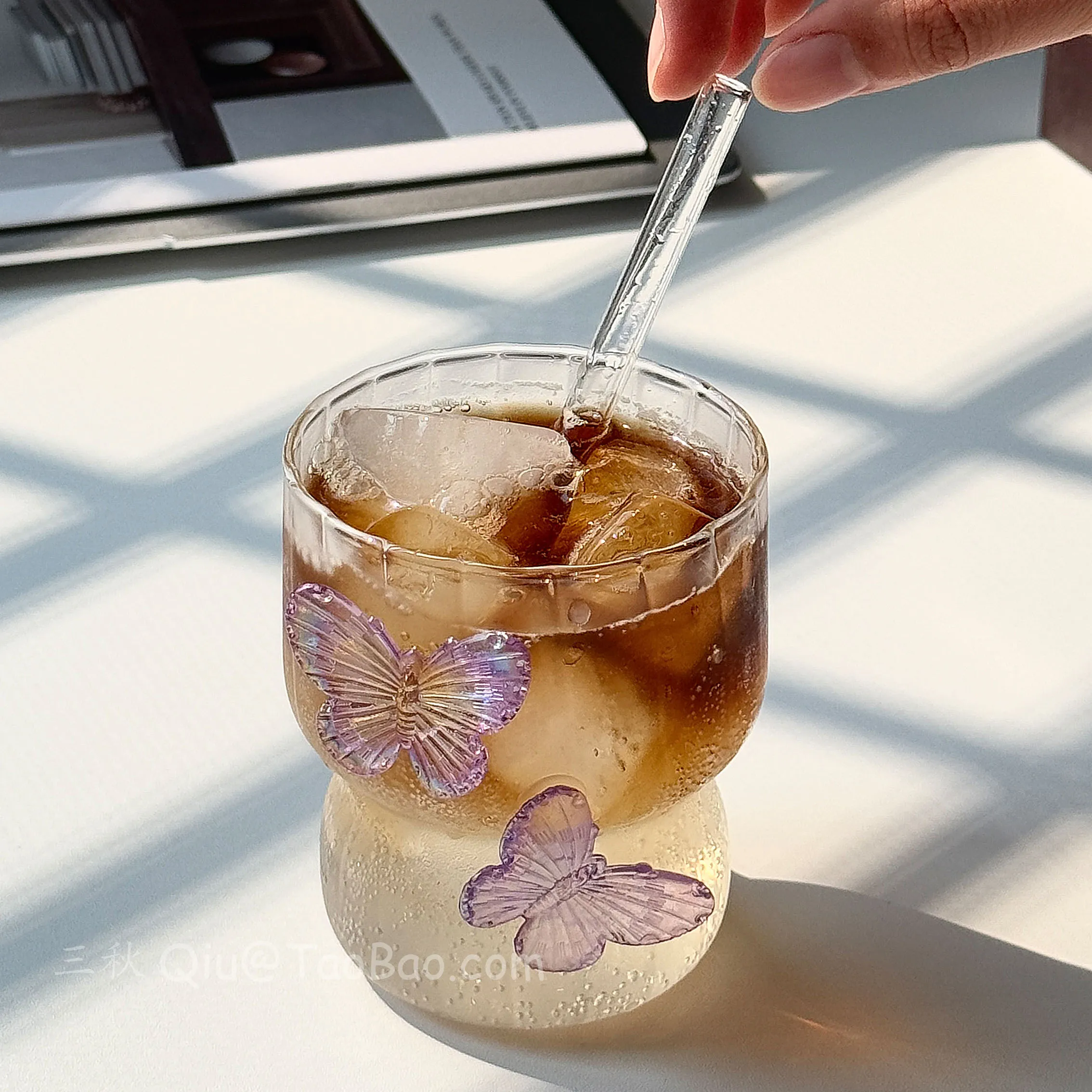 3D Purple Cloud Butterfly Chubby Glass Water Cup Milk Latte Coffee Cup Gift Banquet Decoration Gift