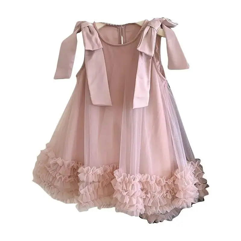 Summer Korean Edition Girls New Sleeveless Bow Solid Color Sweet and Gentle Princess Dress Childrens Trend