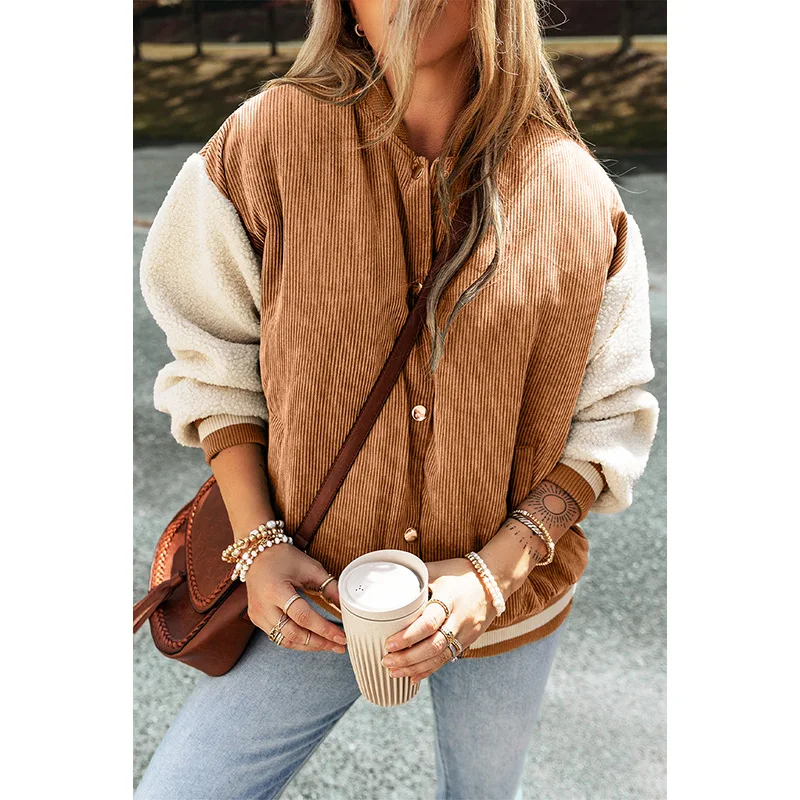 

European and American Fashion Color Block Single-Breasted Baseball Women 2025 Winter New Warm Corduroy Jacket for Wom