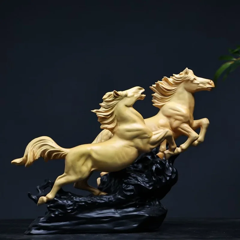 High-End Yellow Boxwood Carved Horse Figurine - 25cm Long, 11cm Wide, 23cm High, Home and Office Decor, Perfect Gift