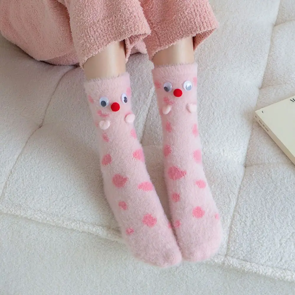 

Kawaii носки из меха норки с мультяшными глазами, мягкие милые носки для сна с глазами, женские забавные носки в горошек, женские носки