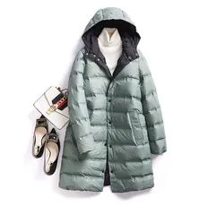 Casaco feminino leve e fino pato branco, casaco longo com capuz, senhoras quentes e magros Puffer Parkas, Casacos de inverno, ambos os lados desgaste