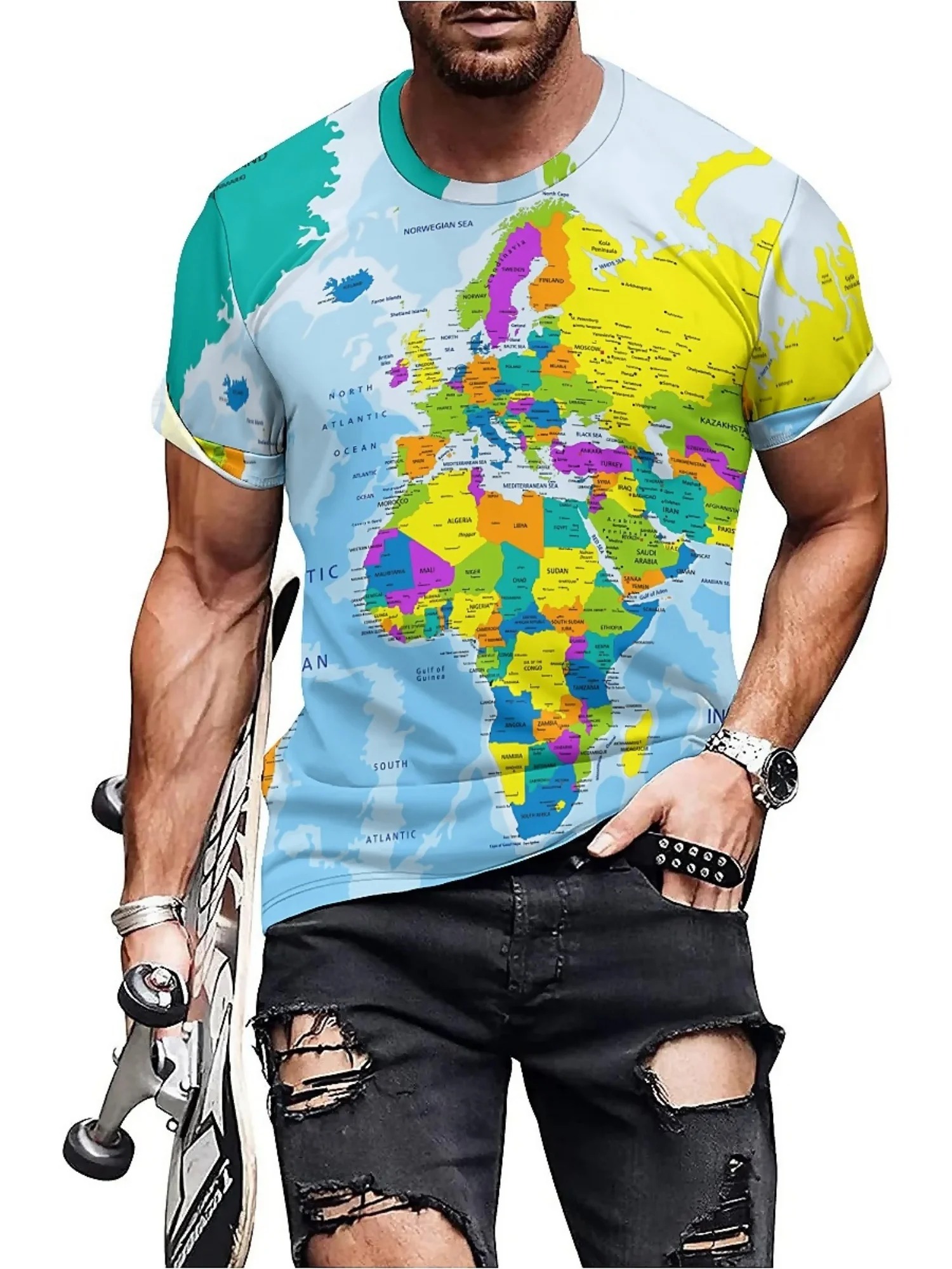 

Men'S Vintage Map 3D Print T-Shirt - Soft Polyester, Crew Neck, Short Sleeve, Machine Washable, Bright Colors, Realistic Design