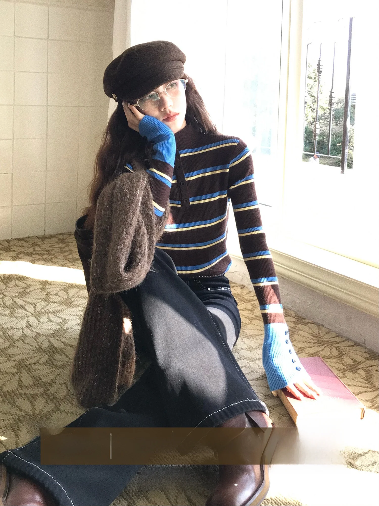 

Slim Fit Striped Knit Top Women Long Sve Stand Collar Base Layer irt Korean Sle Commute Faion Soft Acrylic Blend