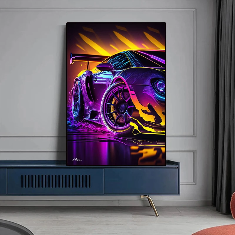 Japan Neon Cyberpunk Animal Car Poster Aesthetics Wolf Super Sports Car Fuji Canvas Painting Wall Art Home Driver Room Decor