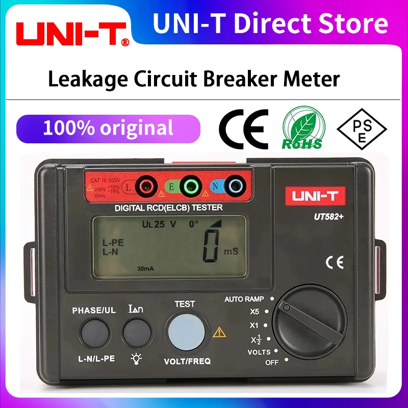 UNI-T UT582+ Digitaler RCD-Tester (ELCB), automatisches RAMP-Leckage-Leistungsschaltermessgerät mit Summer mit Seibedienung