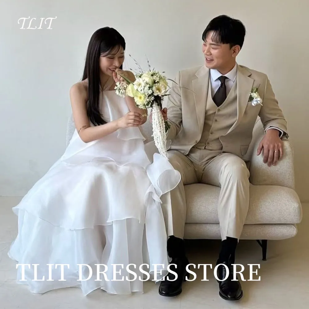 

TLIT Elegant White Chiffon Tiered Wedding Dress Halter Sleeveless Bridal Gowns Korea Wedding Dress Photo Shoot Customized