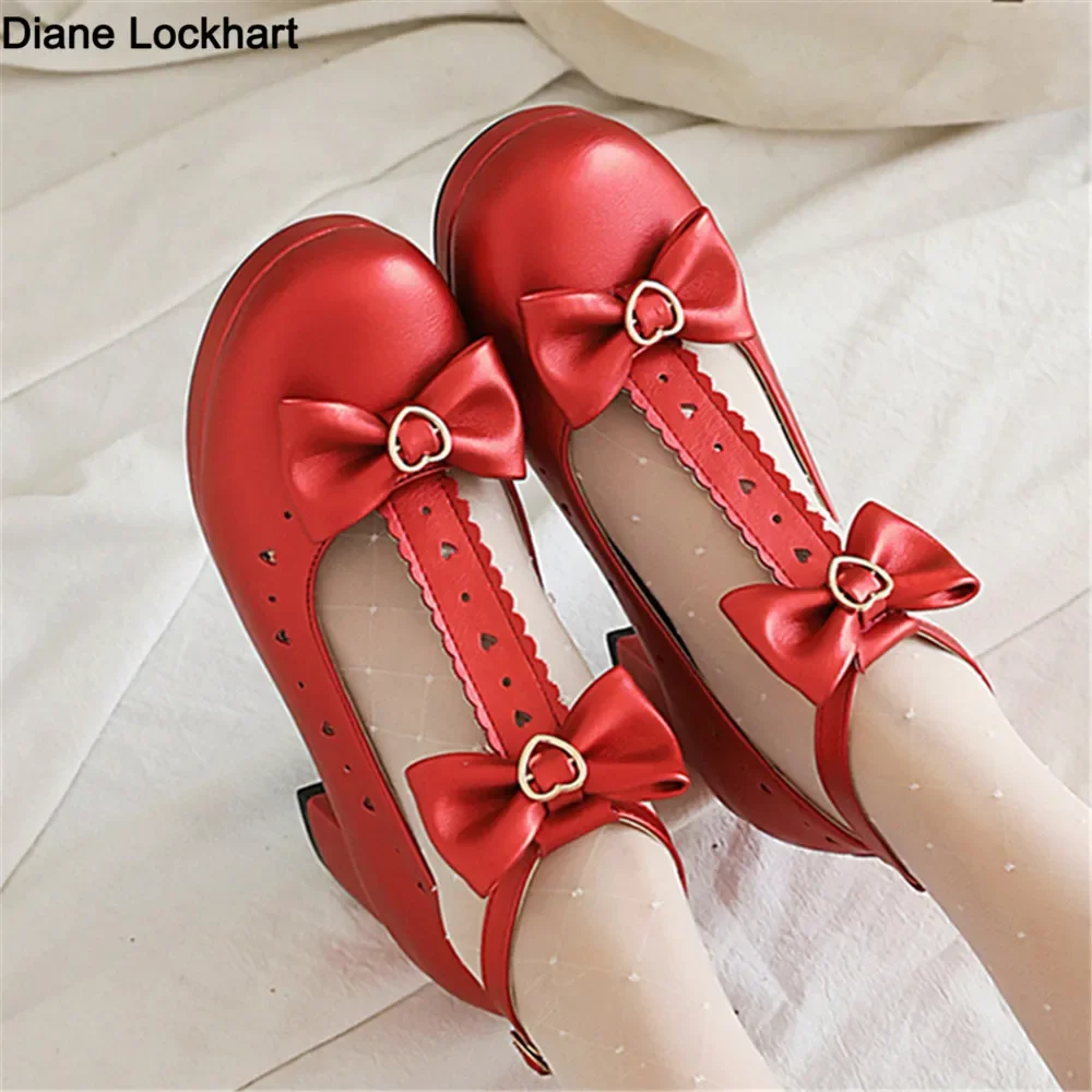 

2025 Spring Autumn Women Pumps Lolita Shoes Platform High Heels Black Red T-Belt Buckle Mary Jane Shoes Bow Ladies Party Shoes