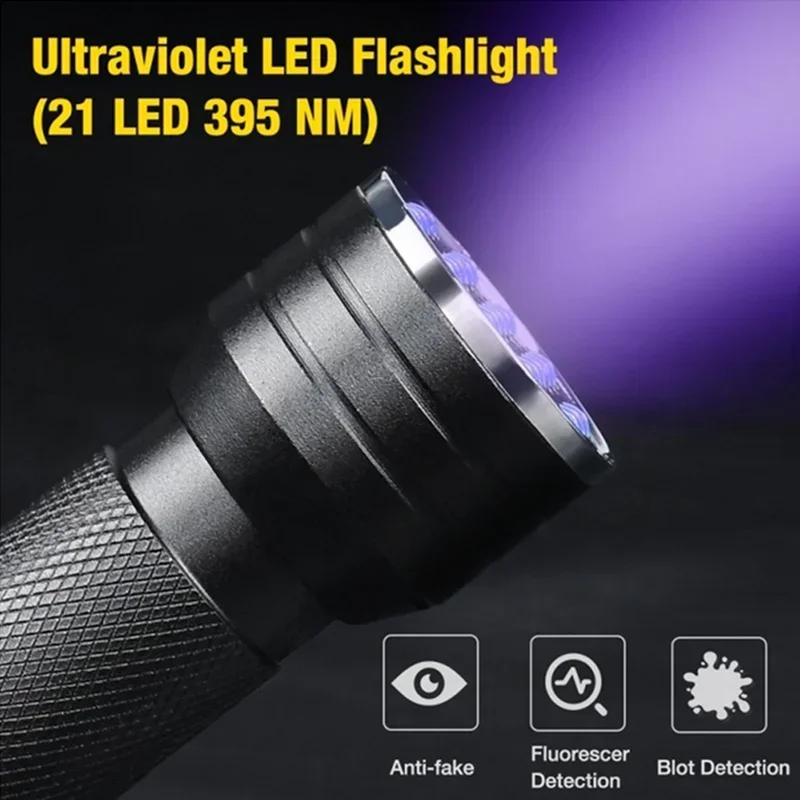 Przenośna 21 LED UV latarka ultrafioletowa Blacklight 395NM Mini latarka do wykrywania plam moczu zwierząt domowych czarne światło latarnia