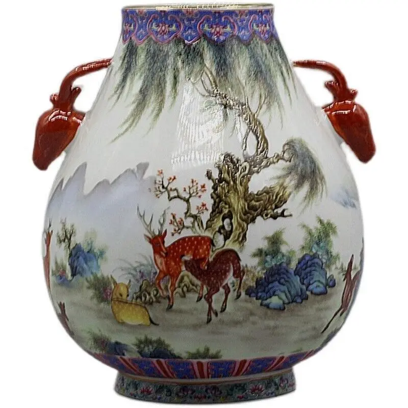 Chinese craft Famille Rose Porcelain Hand Painted Deers Design Vase 7.50 inch