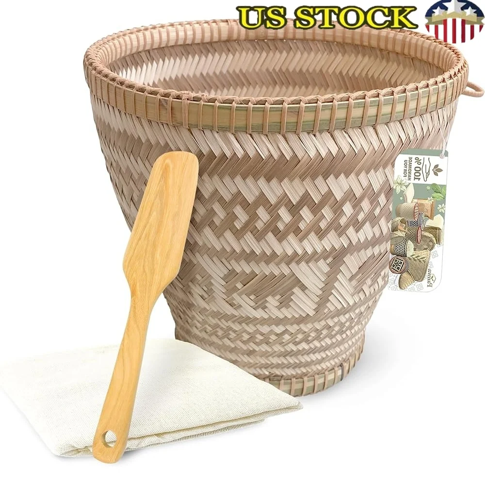 

Handmade Thai Bamboo Wicker Sticky Rice Basket Eco-Friendly Food Safe Steamer Dumpling Holder with Wooden Paddle Spoon