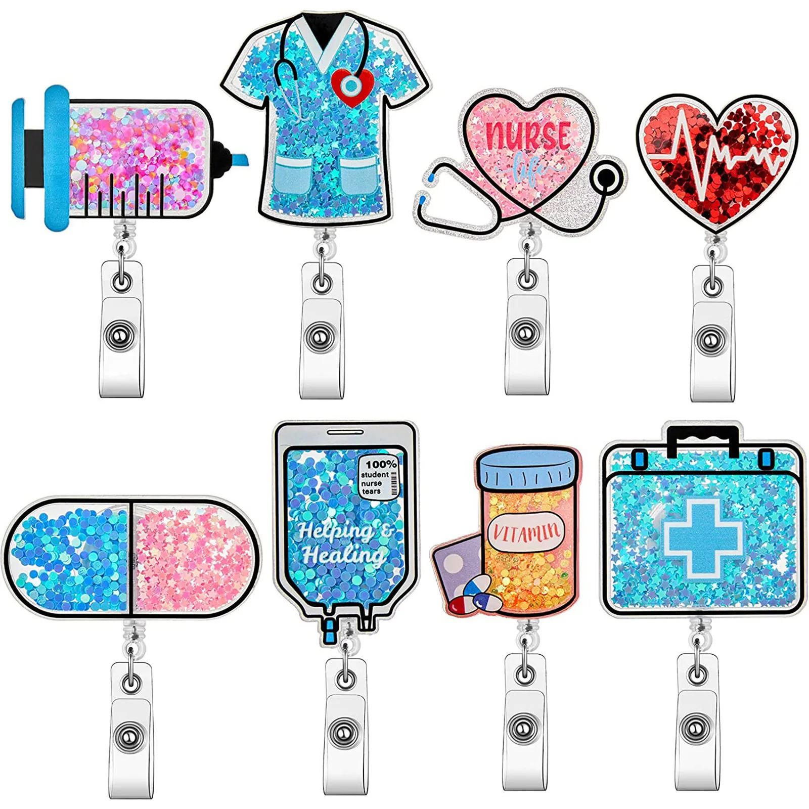 Doctors Nurses Retractable Badge Design Quicksand Injector  Badge Reel ID Badge Holder With 360 Rotating Alligator Name Holder