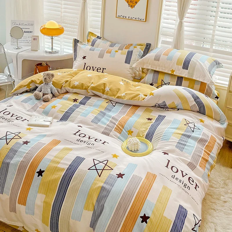 Colorful Stripes Duvet Cover Full King Size Geometric Lines Comforter Cover with 2 Pillowcase Cotton Reversible Star Bedding Set