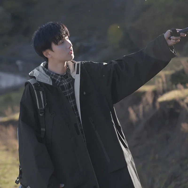 

Весенне-осенняя мужская куртка-ветровка, японская куртка-карго со съемным капюшоном, свободная водонепроницаемая ветрозащитная верхняя одежда