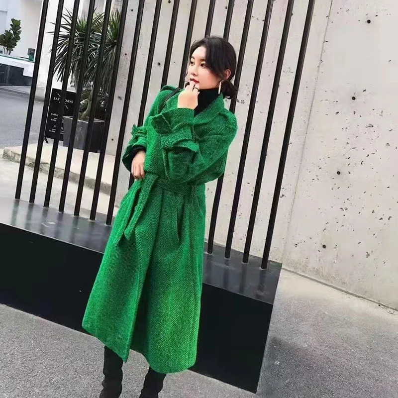 Women\'s X-Long Woollen Overcoat with Belt, New Fashion Jacket, Female Clothes, Green Color, Autumn and Winter, 2024