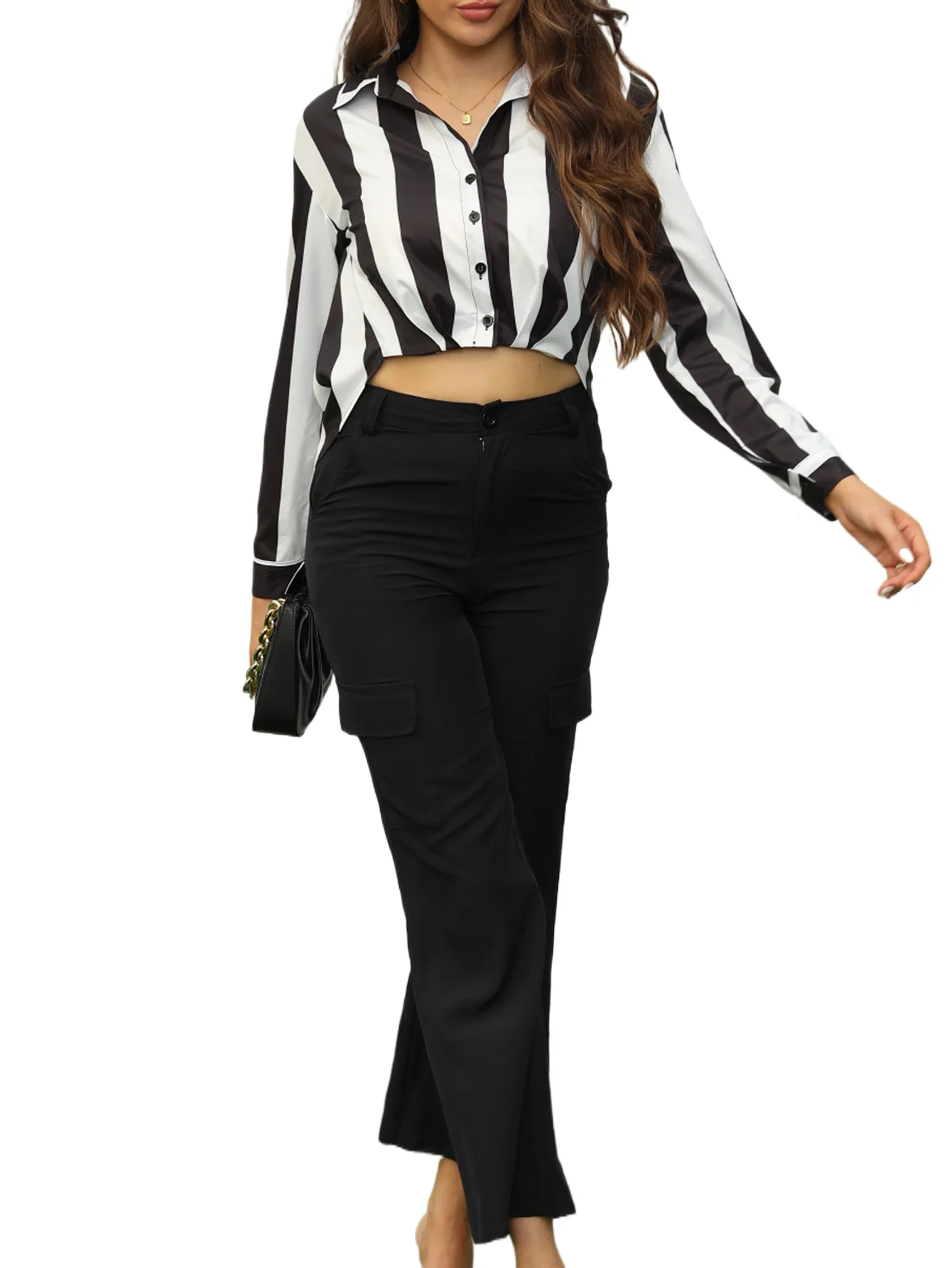 

Elegant Lady Suit Sexy Striped Print Irregular Short Style Shirt Solid Straight Pants 2 Piece Set Women 2024 Autumn New