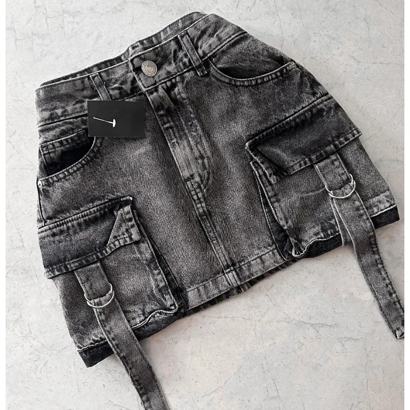 Rok Denim musim panas 2024 rok Y2K banyak saku pakaian jalan serbaguna kasual gadis panas modis Harajuku A-Line Mini warna Solid