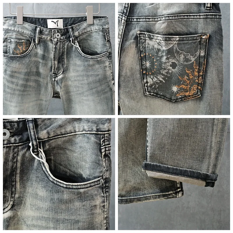 Модные и роскошные мужские джинсовые брюки с карманами и принтом, облегающие брюки прямого кроя, модные и универсальные элитные брюки