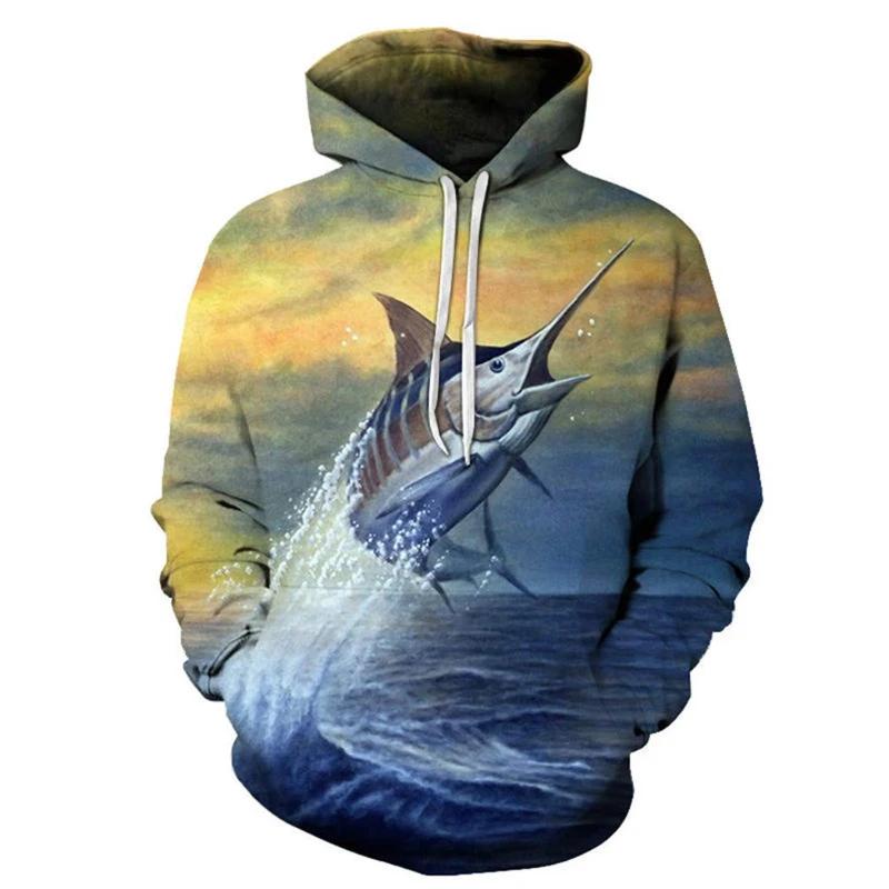 Retro Fish Graphic 3D Print Bluzy Mężczyźni Kobiety Moda Bluza z kapturem Hip Hop Pullover Unisex Tops Coat Trendy Casual Clothing