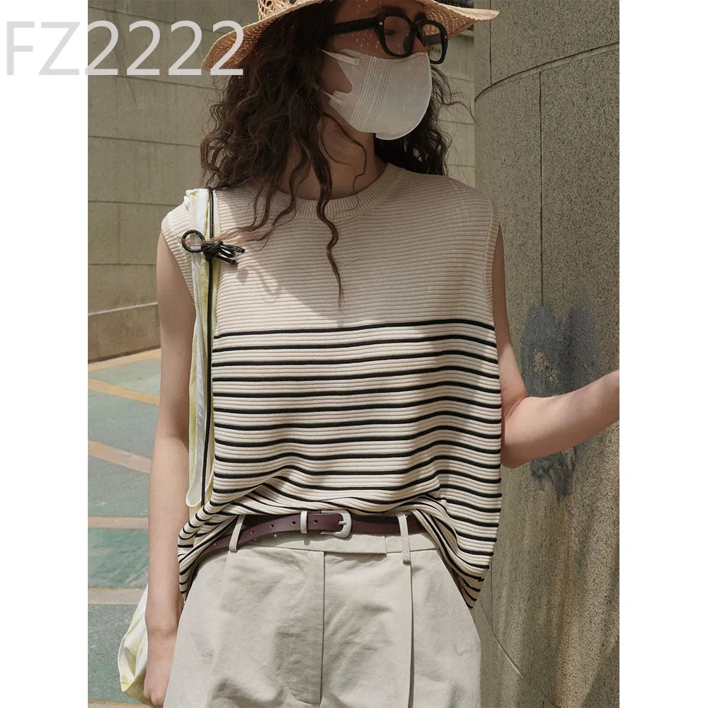 

Summer new retro striped Tencel sleeveless knitted sweater loose and thin breathable casual vest women