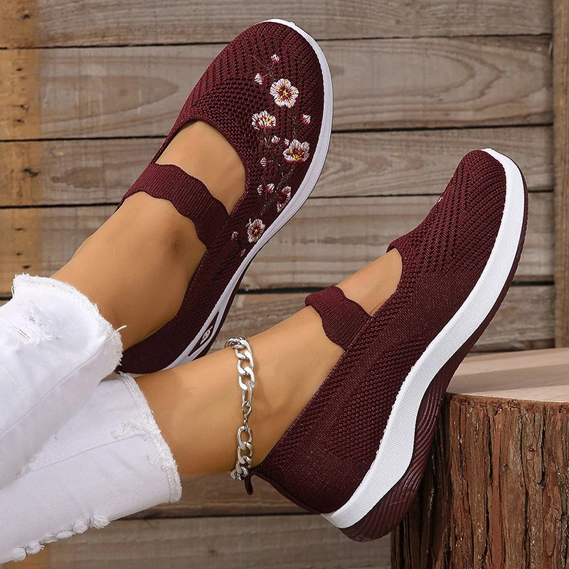 Flower Embroider Stretch Knitted Women Sneakers Mesh Breathable Wedge Female Shoes Summer Slip On Wear-resistant Flats